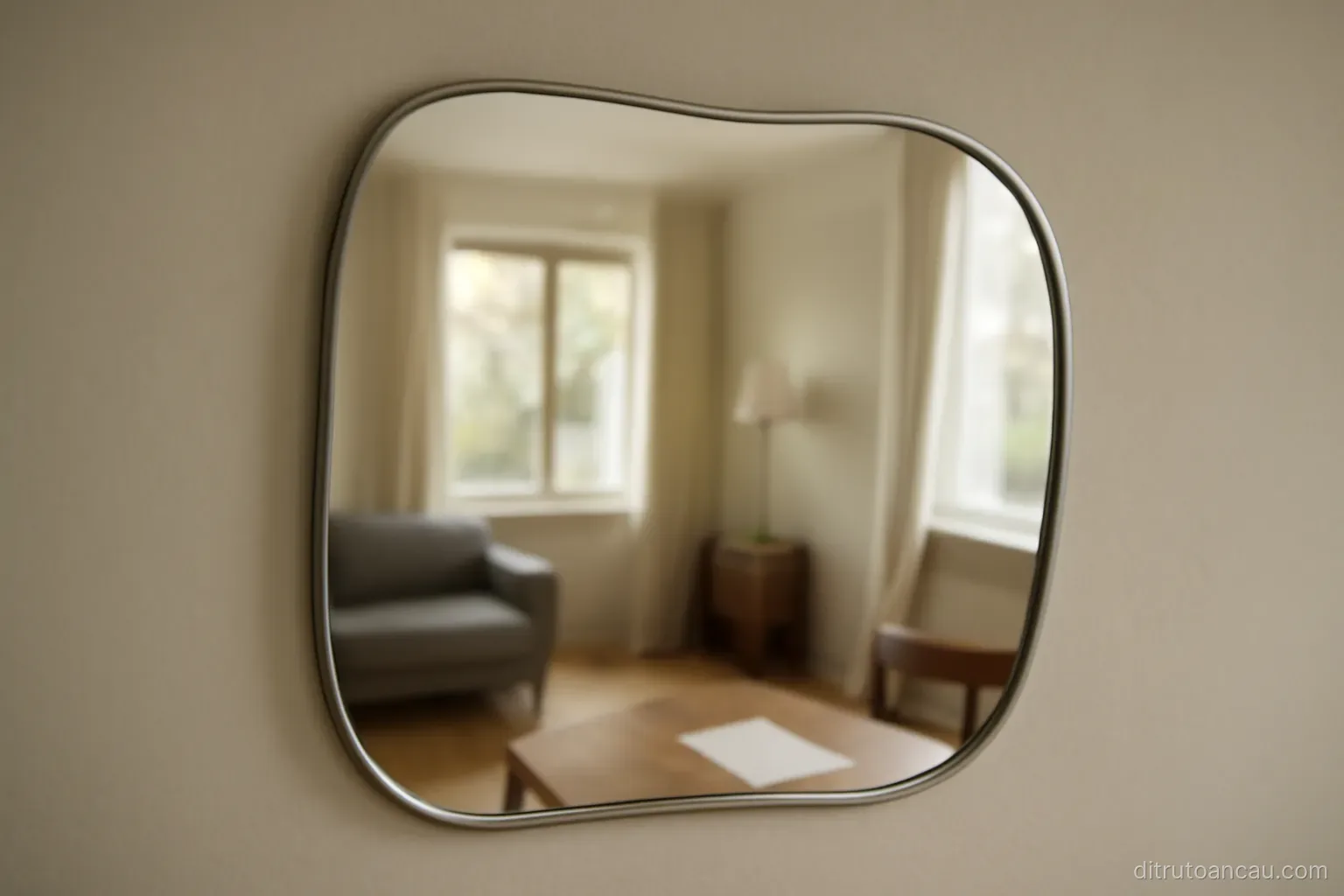 a curved mirror on a wall reflecting a distorted view of an ordinary room behind it
