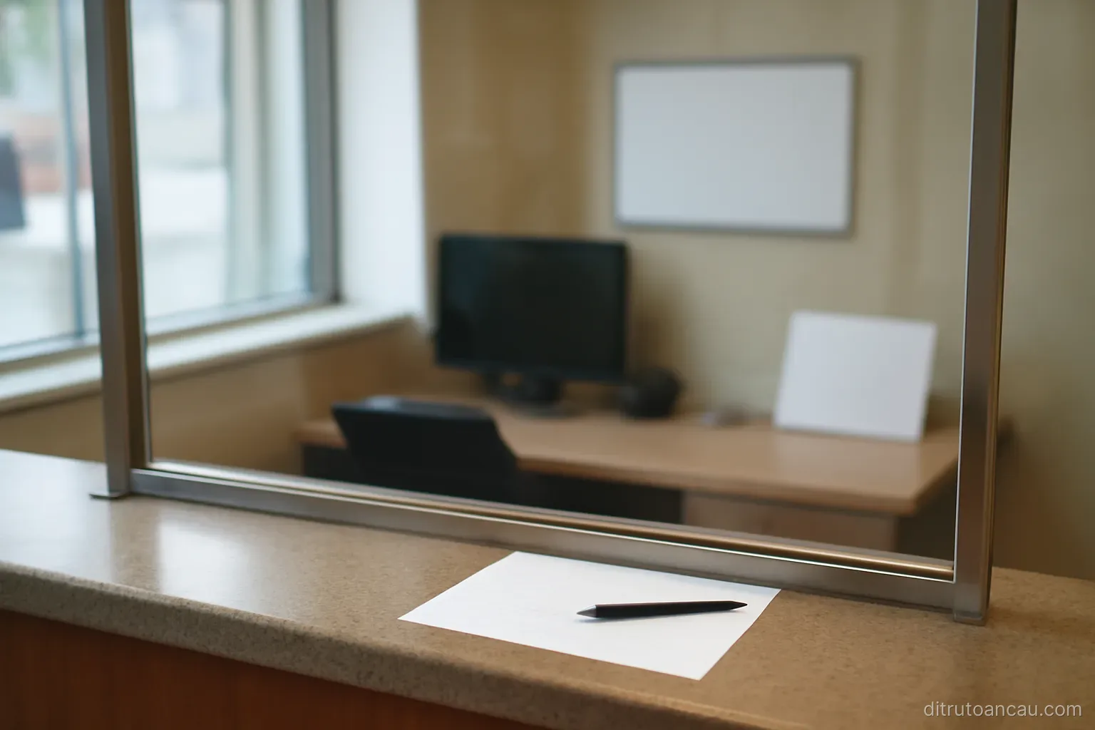 a small counter at a money transfer shop with a glass partition and a form pad on the ledge