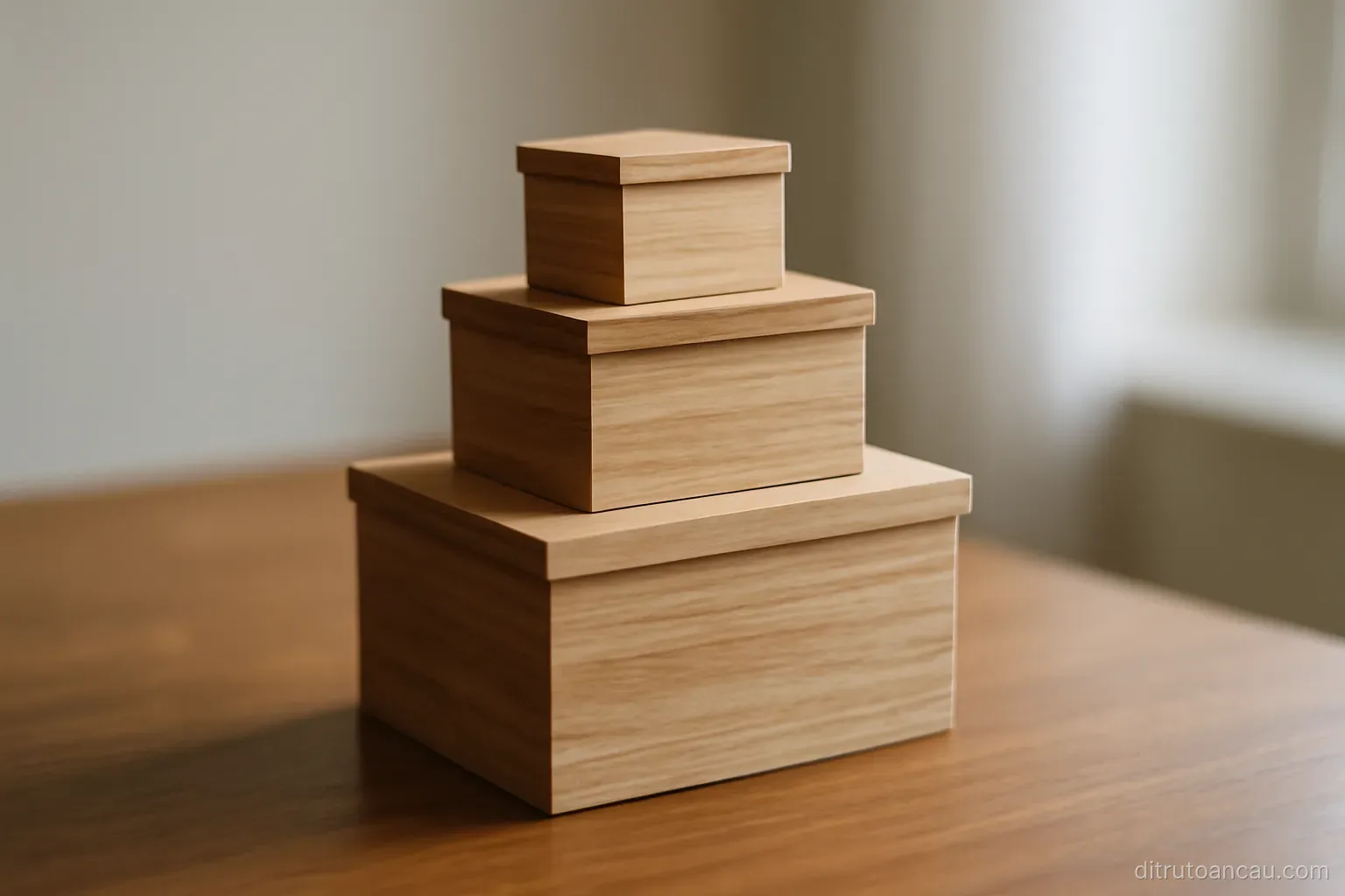three stacked wooden boxes of decreasing size on a table, the top one very small