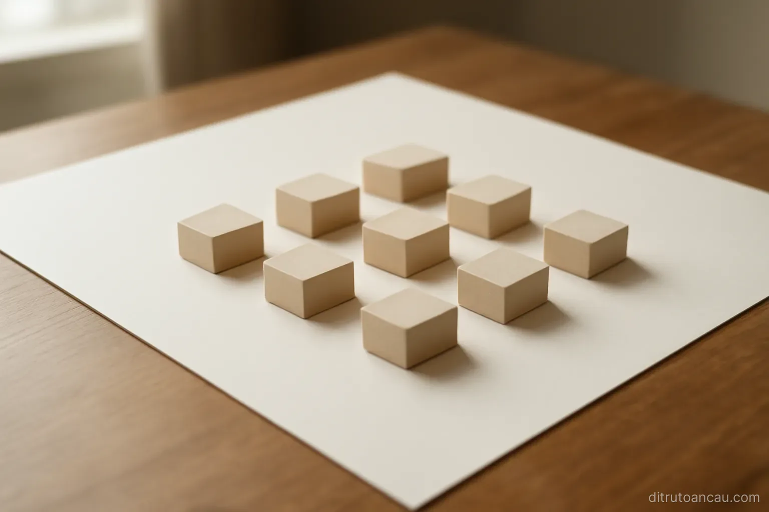a large sheet of paper on a table with eight small blocks arranged in two rows of four