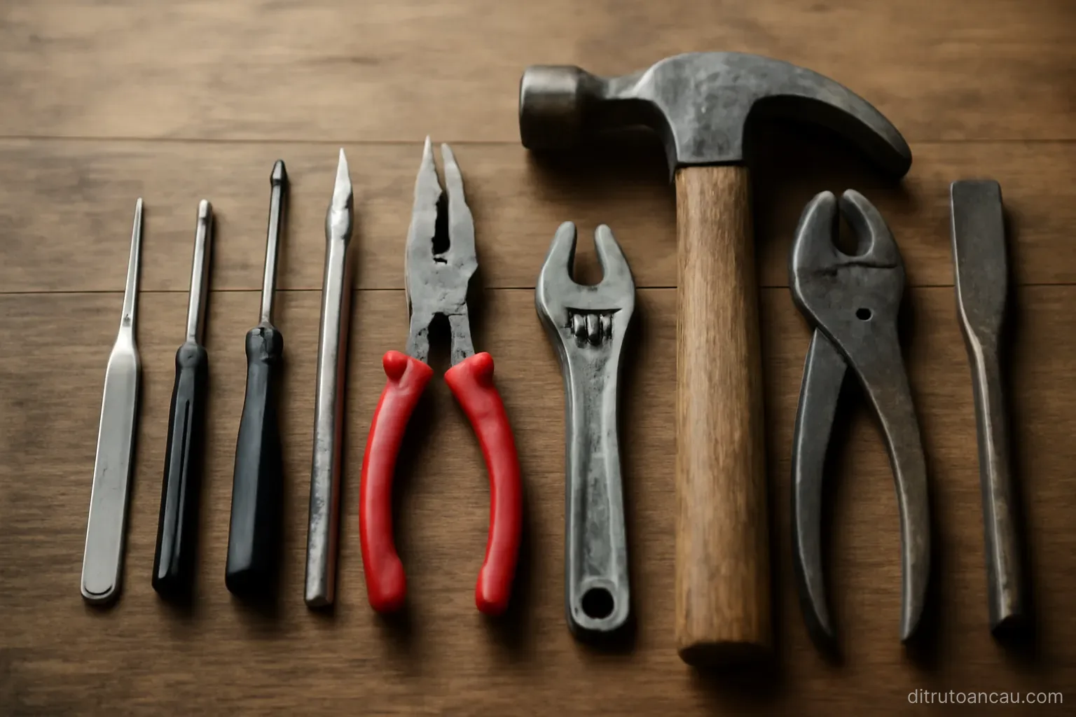 two sets of tools laid out on a workbench, one for fine work and one for heavy work, side by side