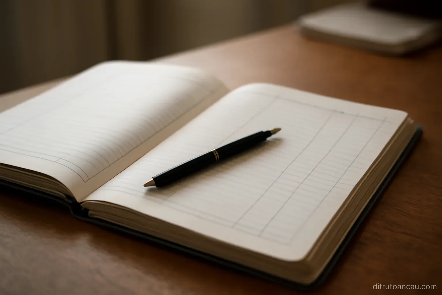 a ledger book open on a desk with a pen resting in the fold between two blank pages