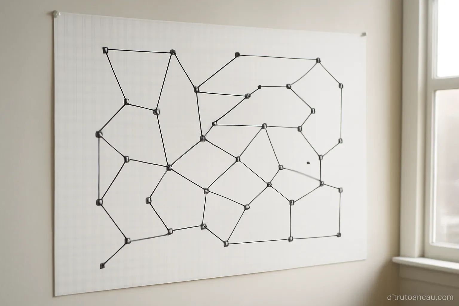 a large paper chart on a wall with lines and arrows drawn between points and no legible labels