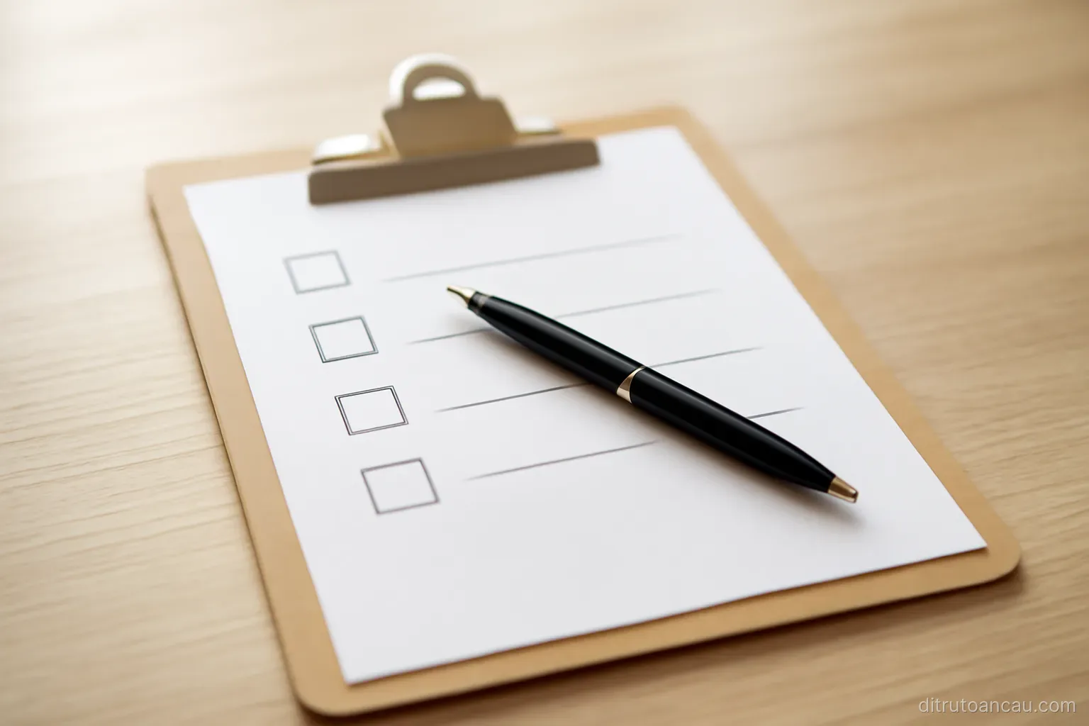 a checklist on a clipboard with four items and a pen resting across the middle of the page