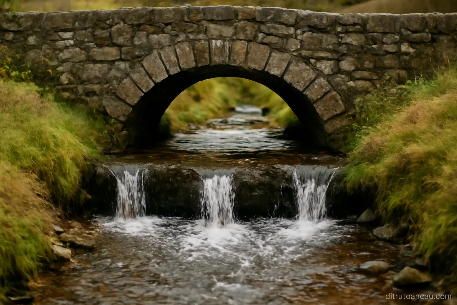 four streams of water converging into one channel where they meet beneath a low stone bridge