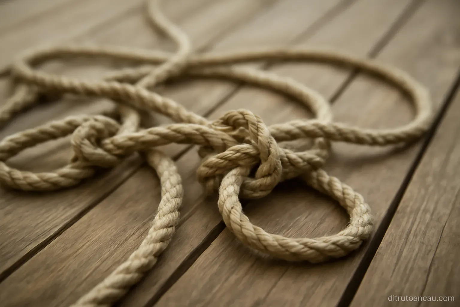 a tangle of ropes knotted together at several points lying on a wooden deck
