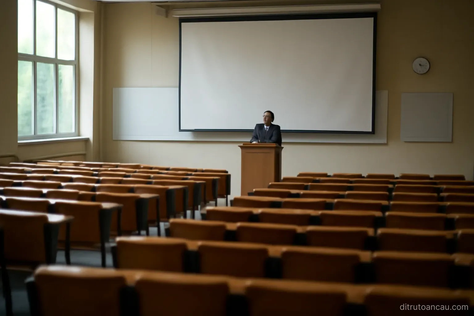 a lecture hall with tiered seating mostly empty and a single figure at the podium below