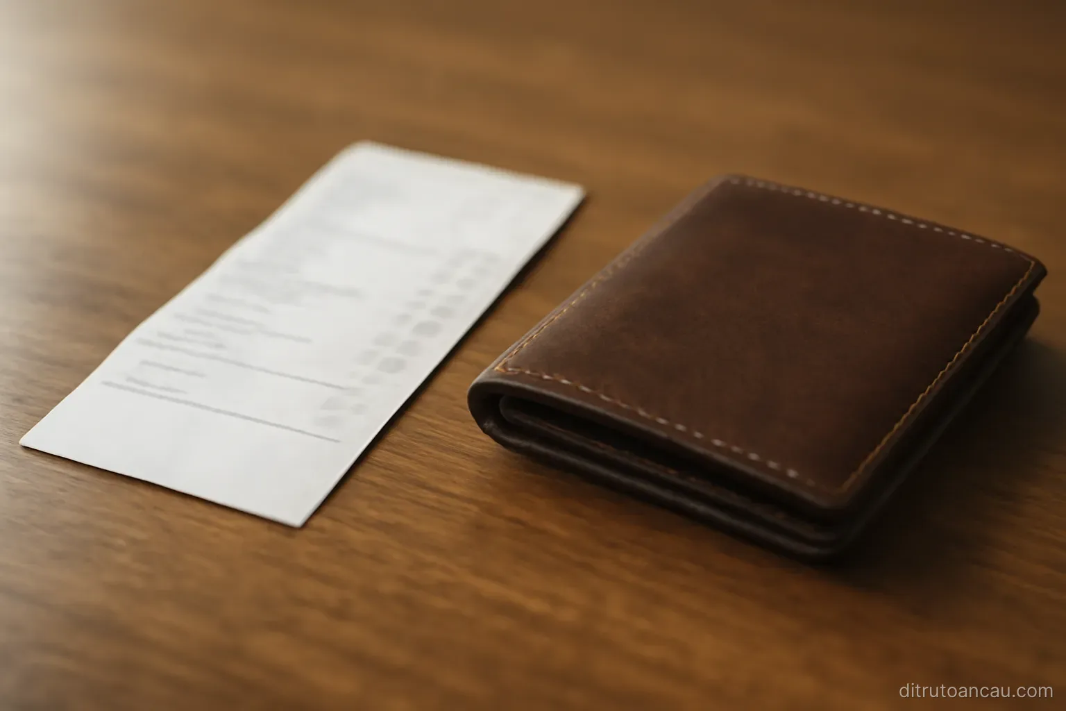 a receipt printed on thin paper lying beside a wallet on a table, with figures not legible