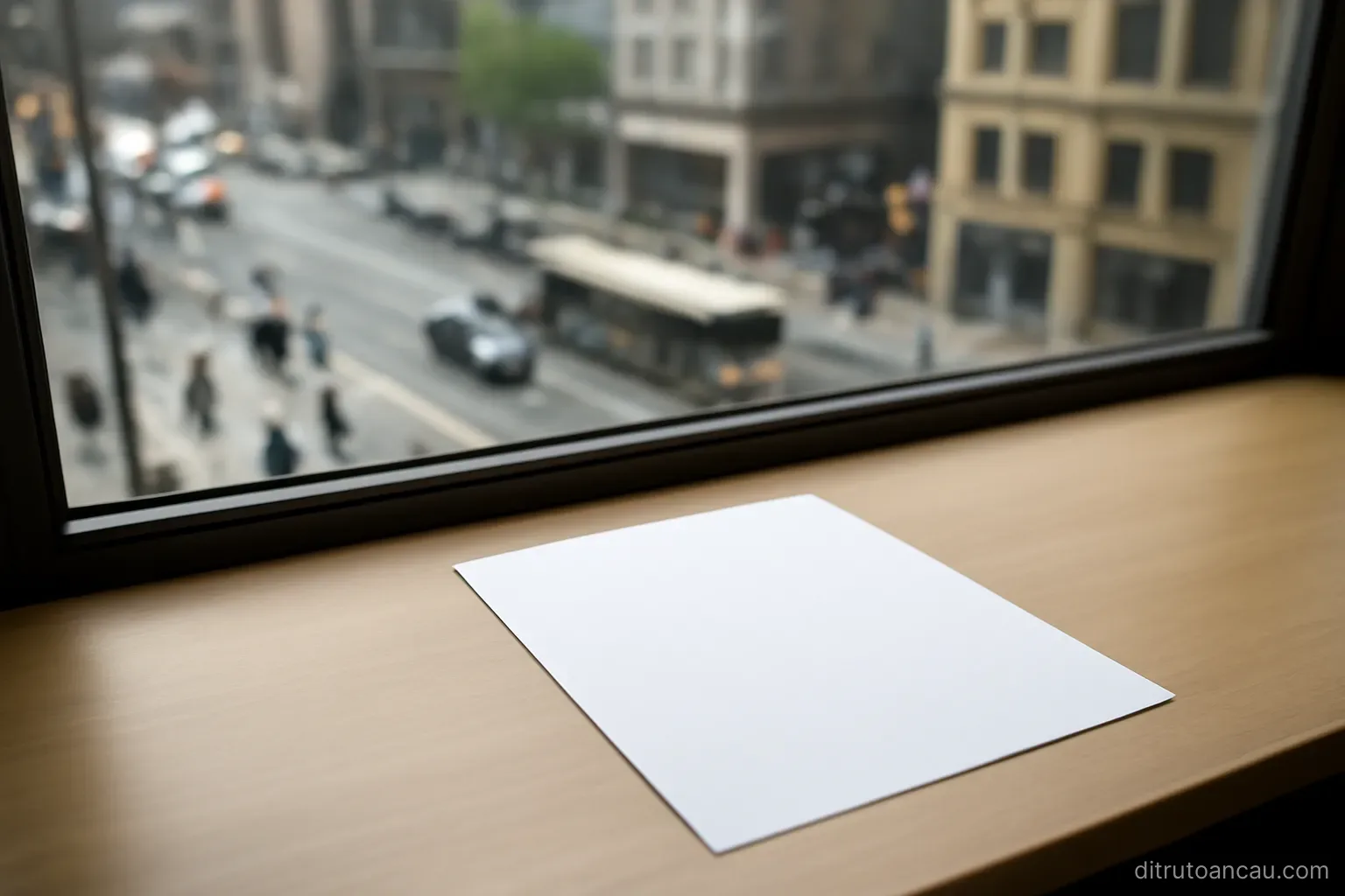 a printed document on a desk beside a window looking out on a busy street below