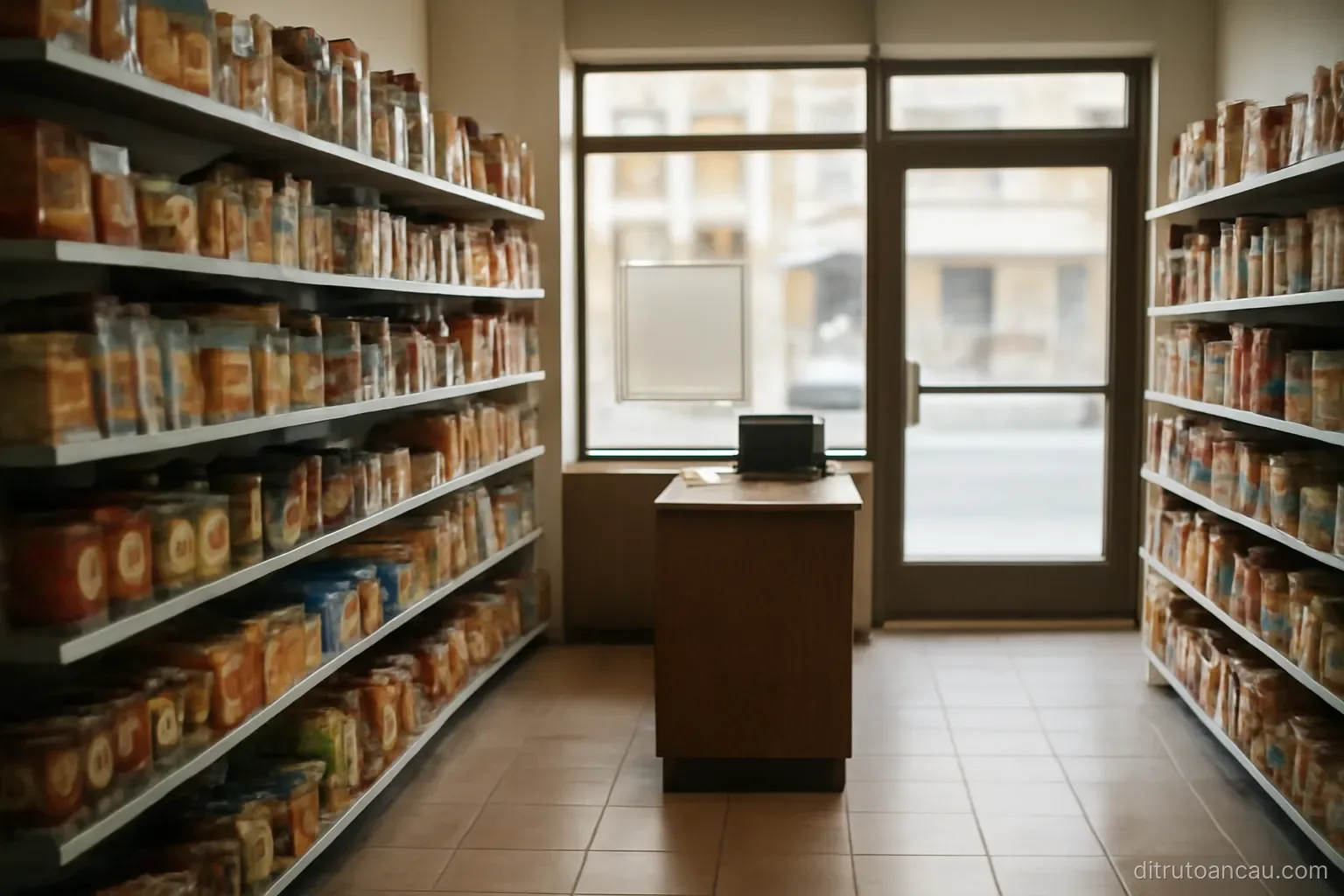 a small grocery store interior with shelves of packaged goods and a counter near the entrance