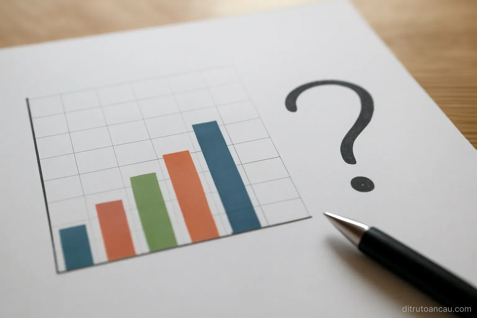 a bar chart printed on paper with a large question mark drawn in pen in the empty space beside it