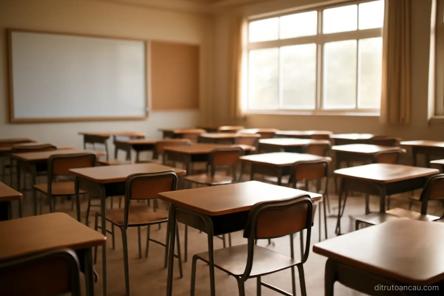 an empty school classroom with rows of small desks and chairs and afternoon light through the windows