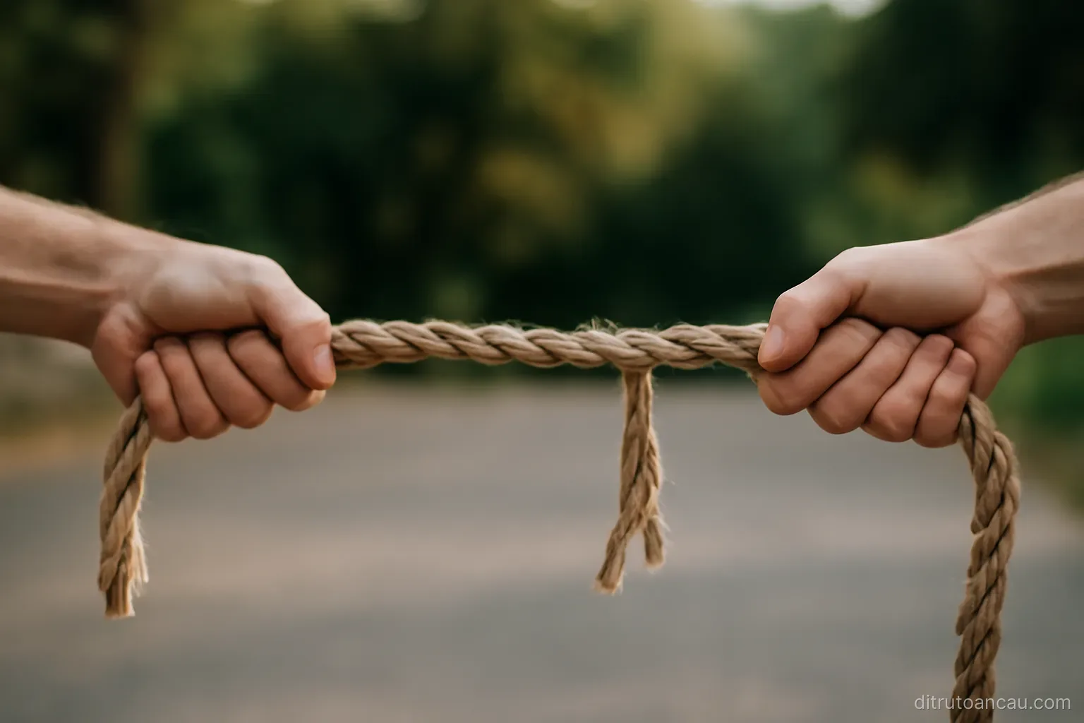 two hands pulling a rope in opposite directions with the middle of the rope hanging slack