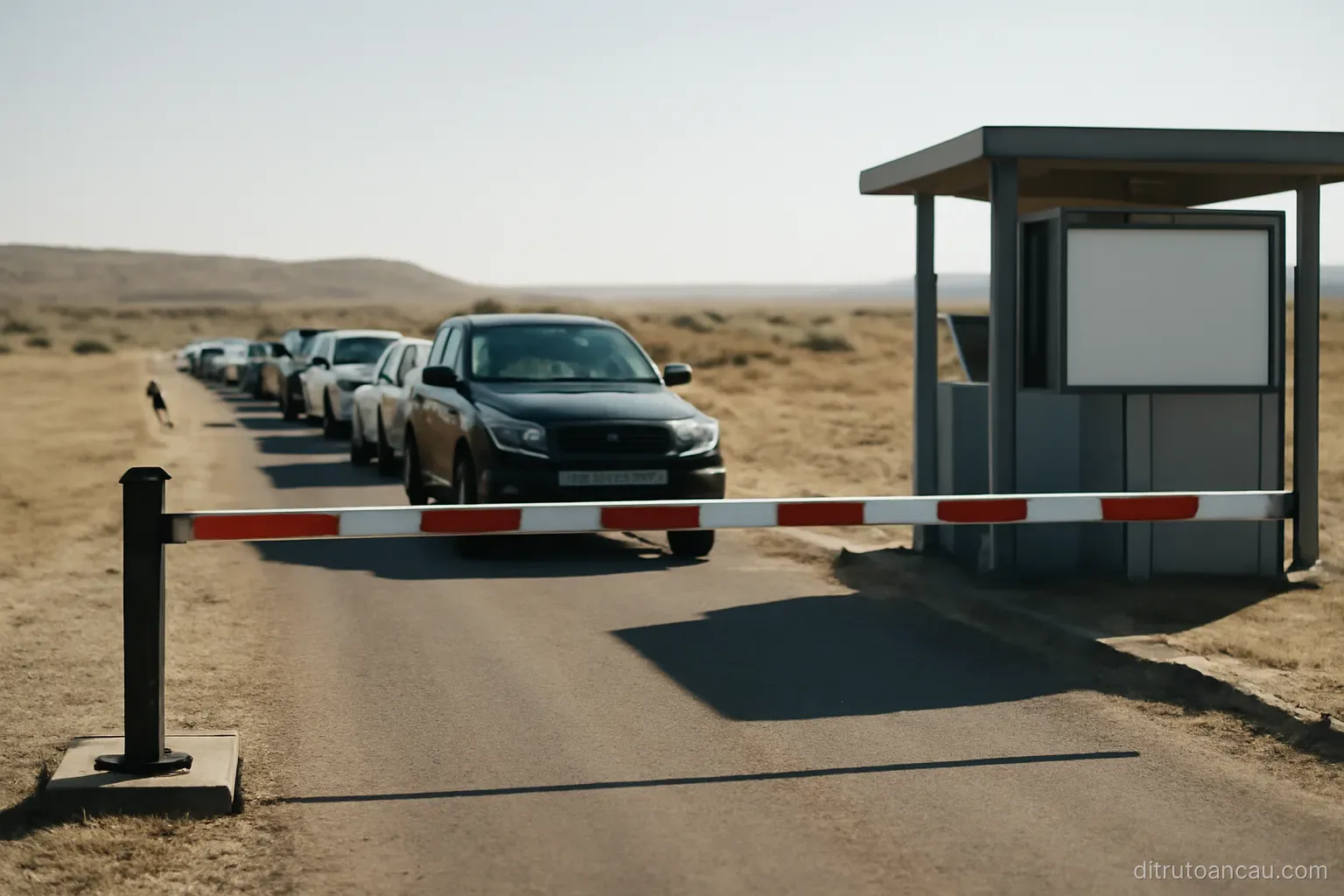 a land border crossing with a simple barrier and a queue of vehicles waiting in dry open country