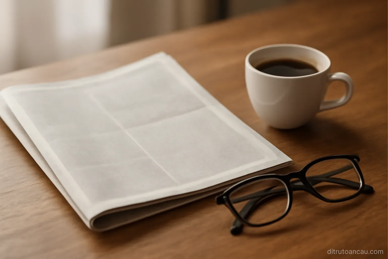 a newspaper folded open on a table beside a pair of glasses and an untouched cup of coffee