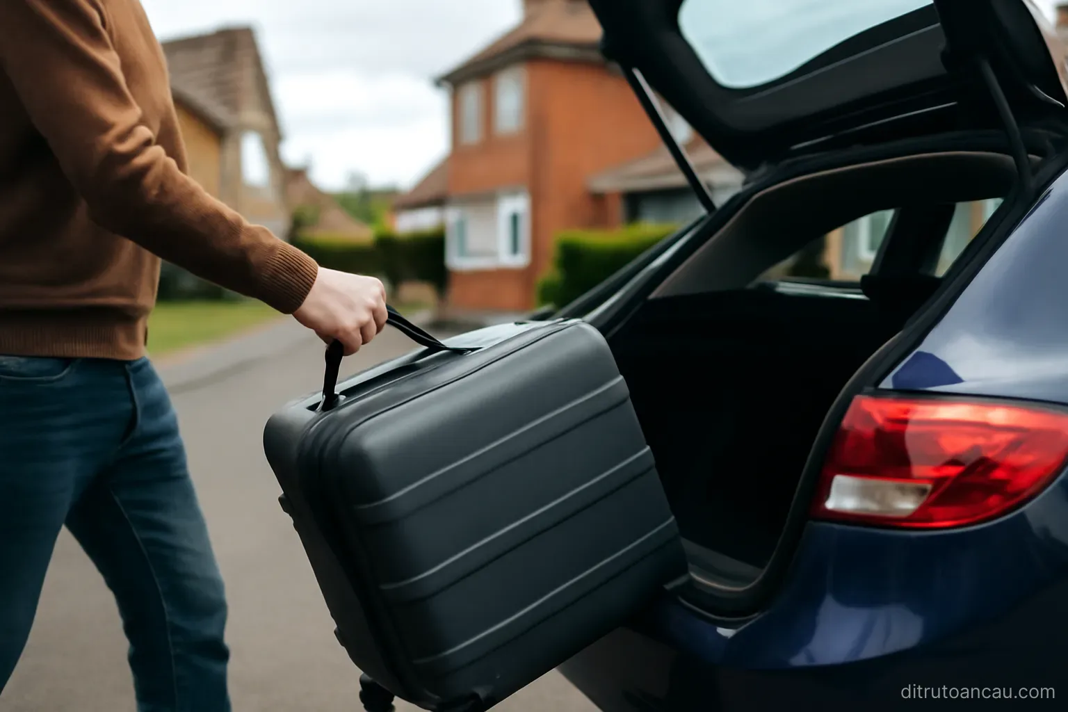 a suitcase being lifted from a car boot outside a house at the end of a residential street