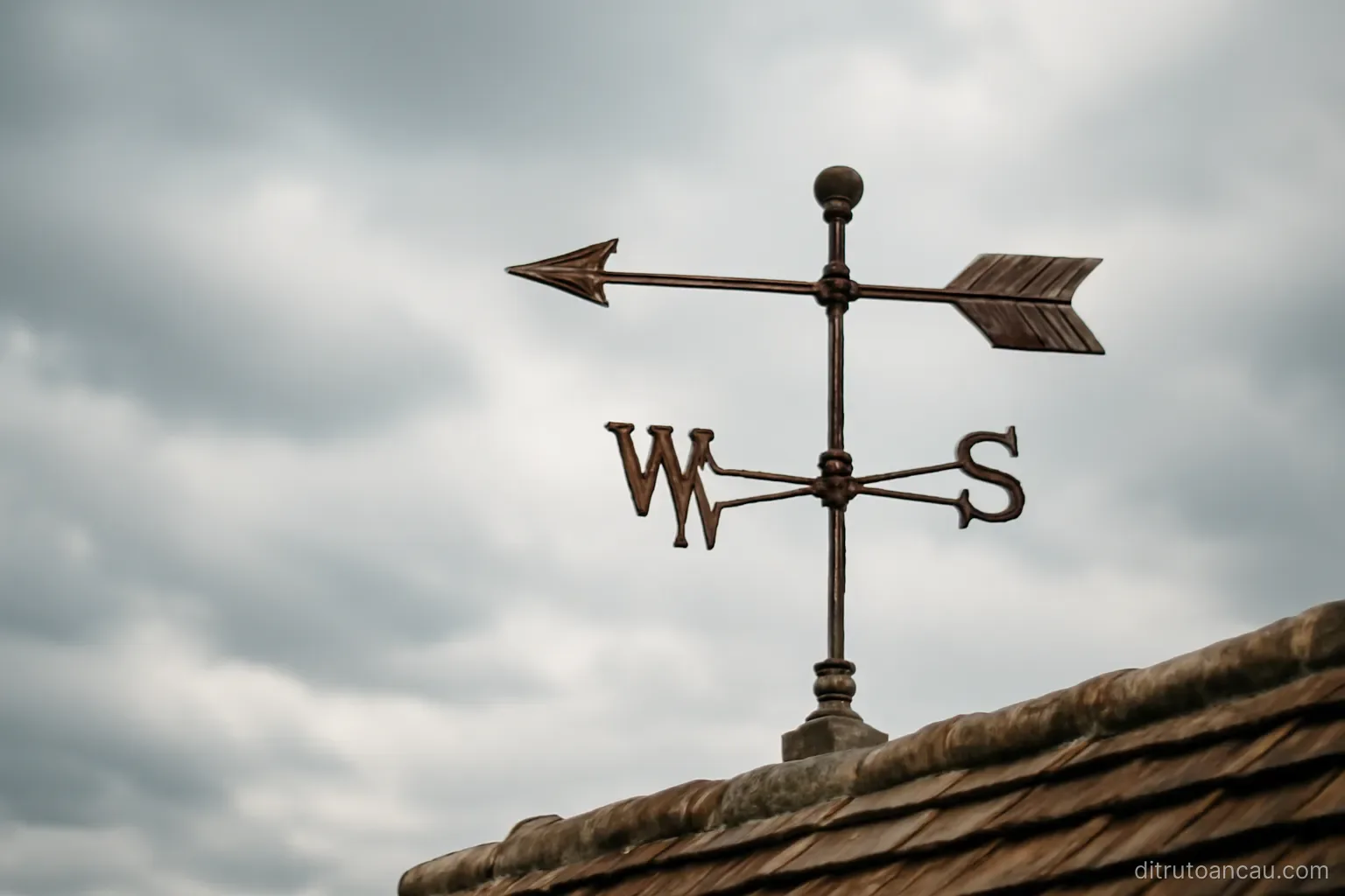 an old weather vane on a rooftop pointing in one direction against a clouded sky
