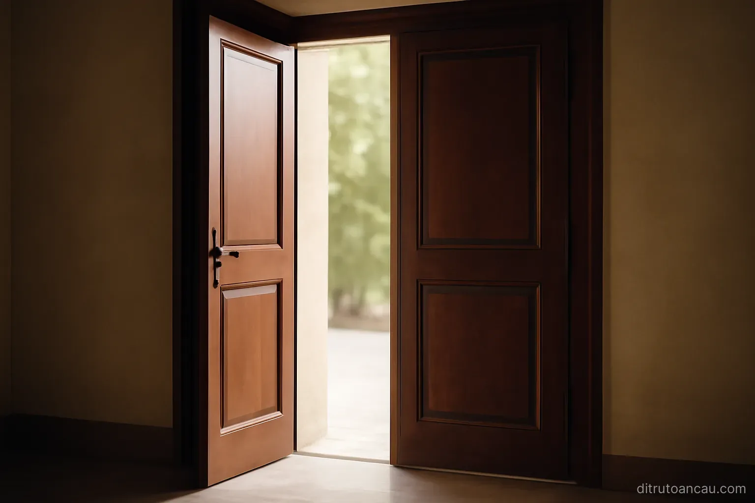 a doorway where one half of a double door stands open and the other half remains closed