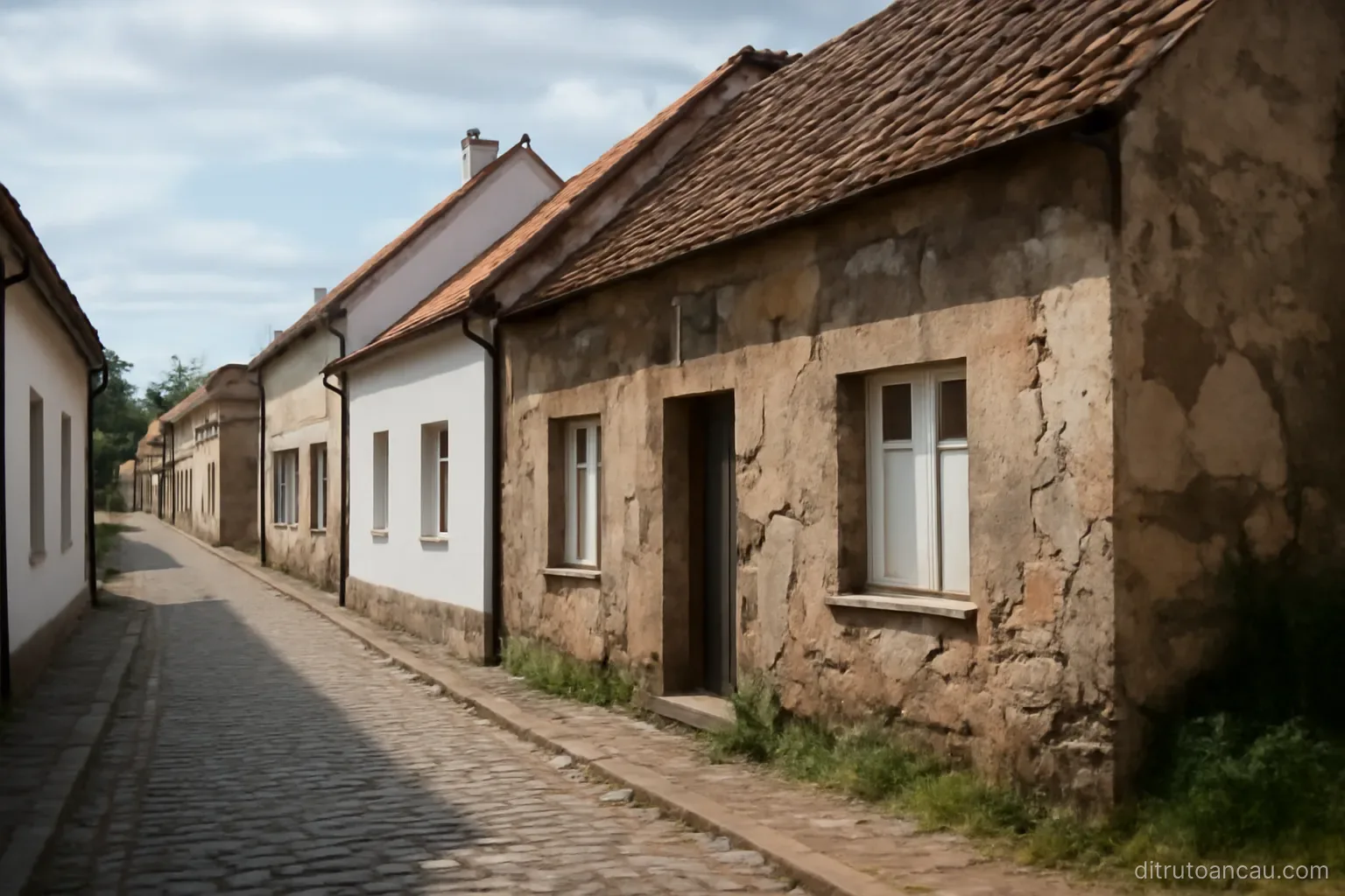 a village street with some houses newly painted and others weathered, standing side by side