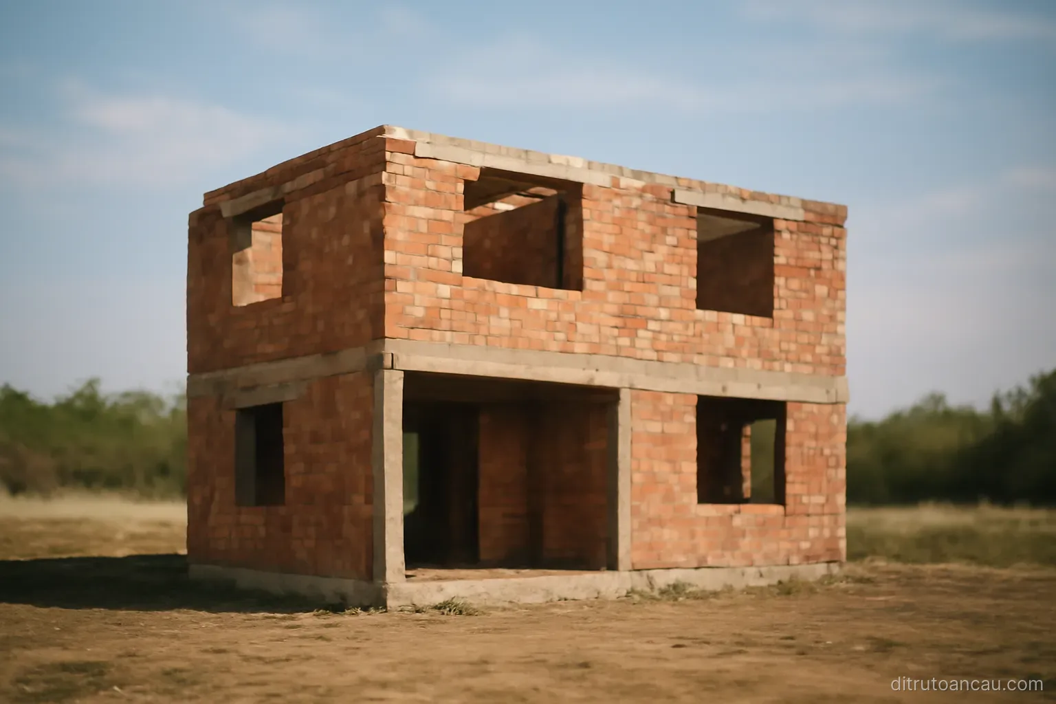 a half built house with exposed brickwork and no roof standing alone on an open plot of land