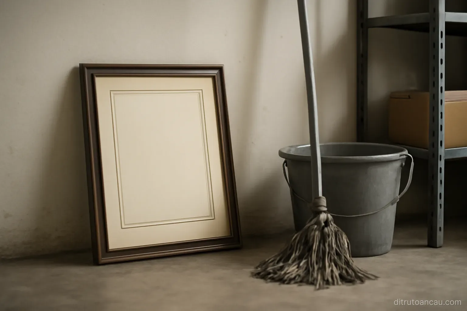 a diploma in a frame leaning against a wall behind a mop and a bucket in a storage room