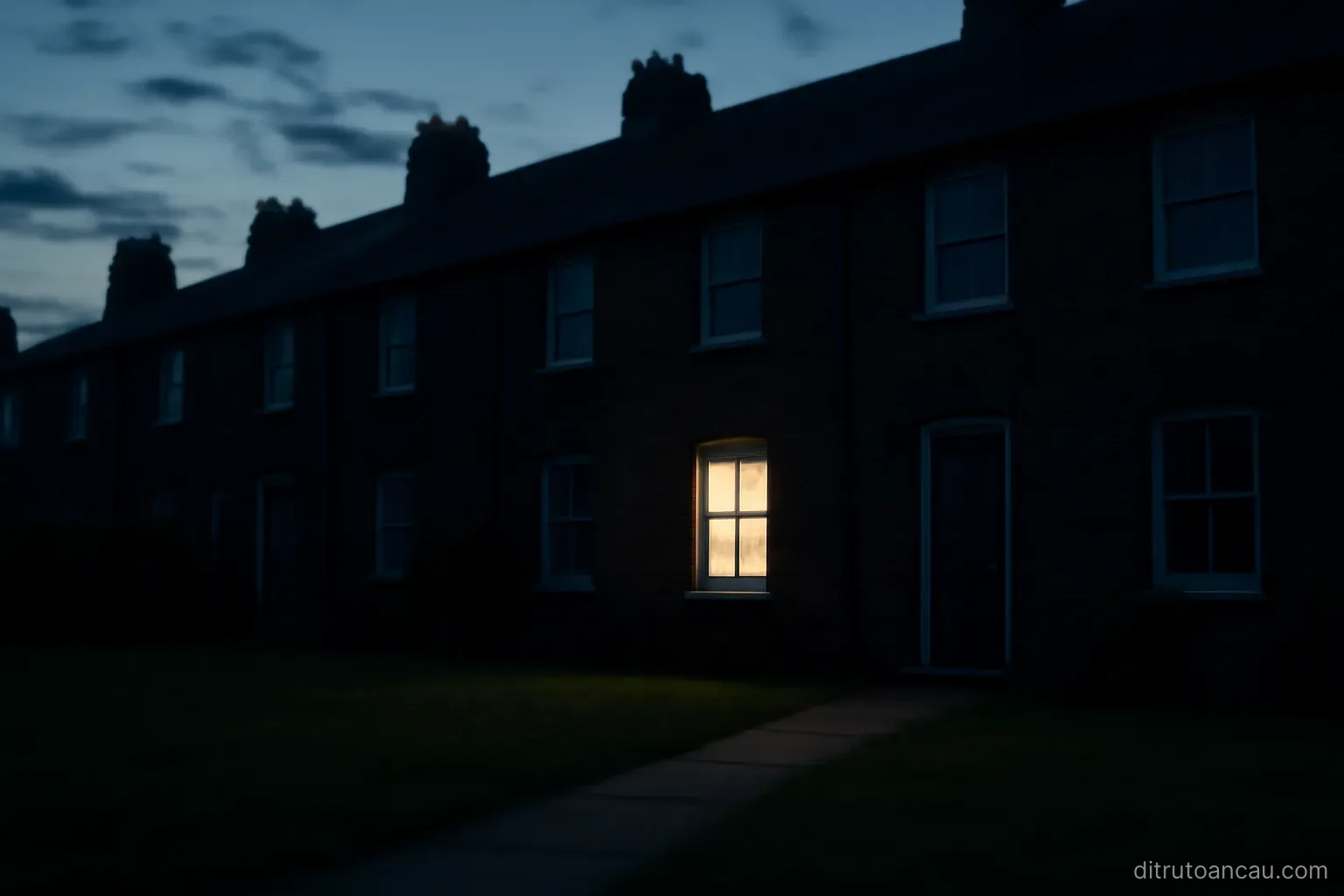 a lit window at dusk in a row of dark houses with a path leading toward the front door