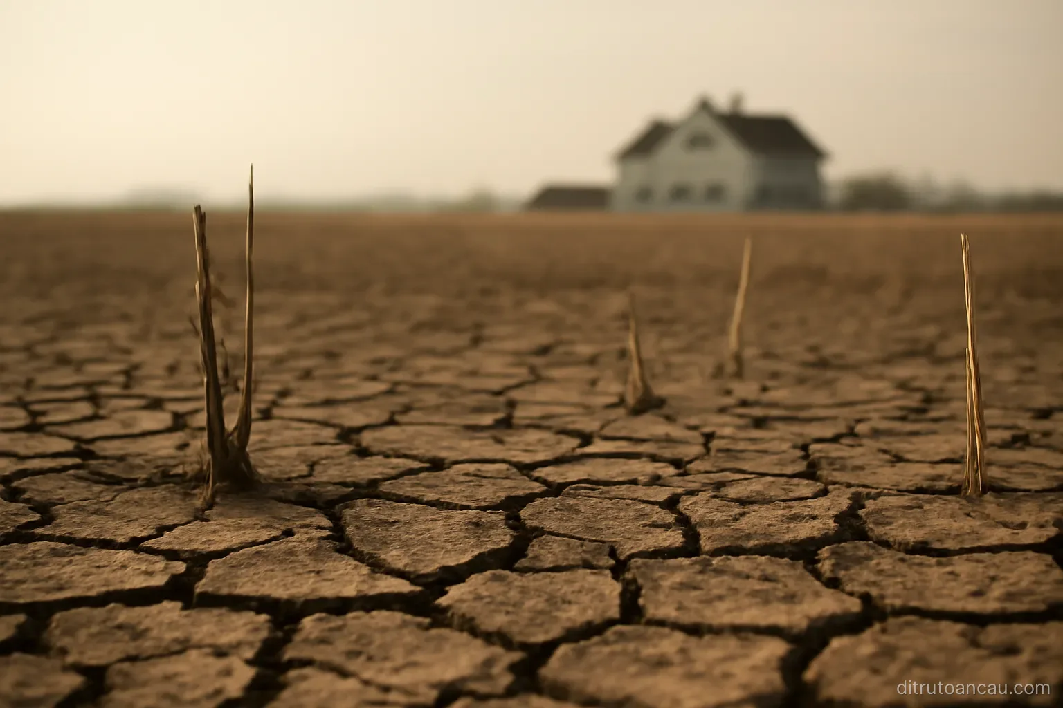 a dry cracked field with a few dead stalks and a distant farmhouse under a hazy sky