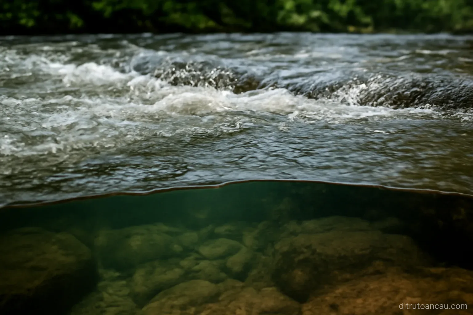 a river with fast moving surface water above a deep still pool visible through the clear water