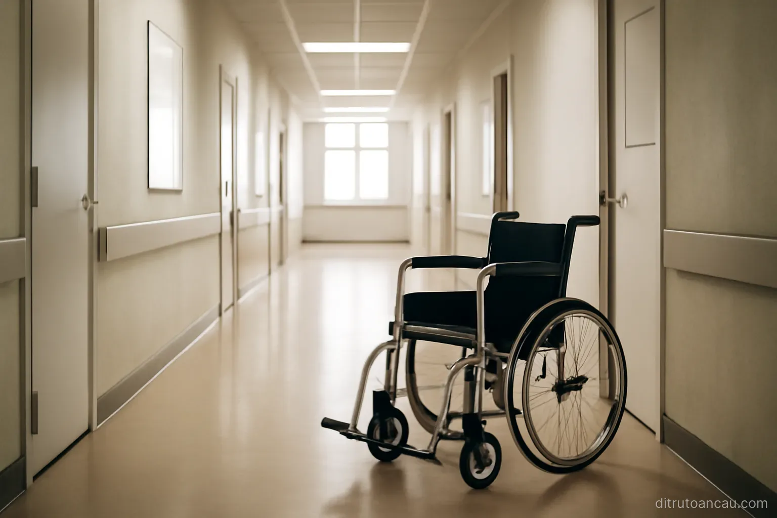 a hospital corridor with an empty wheelchair parked against the wall and doors along both sides