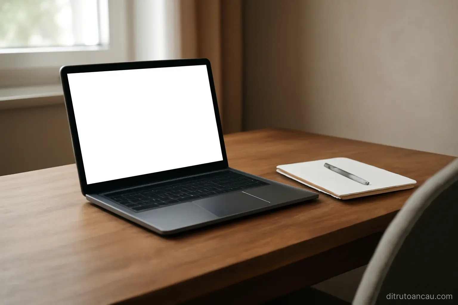 a video call setup on a desk with a laptop, notepad and a chair angled toward the screen