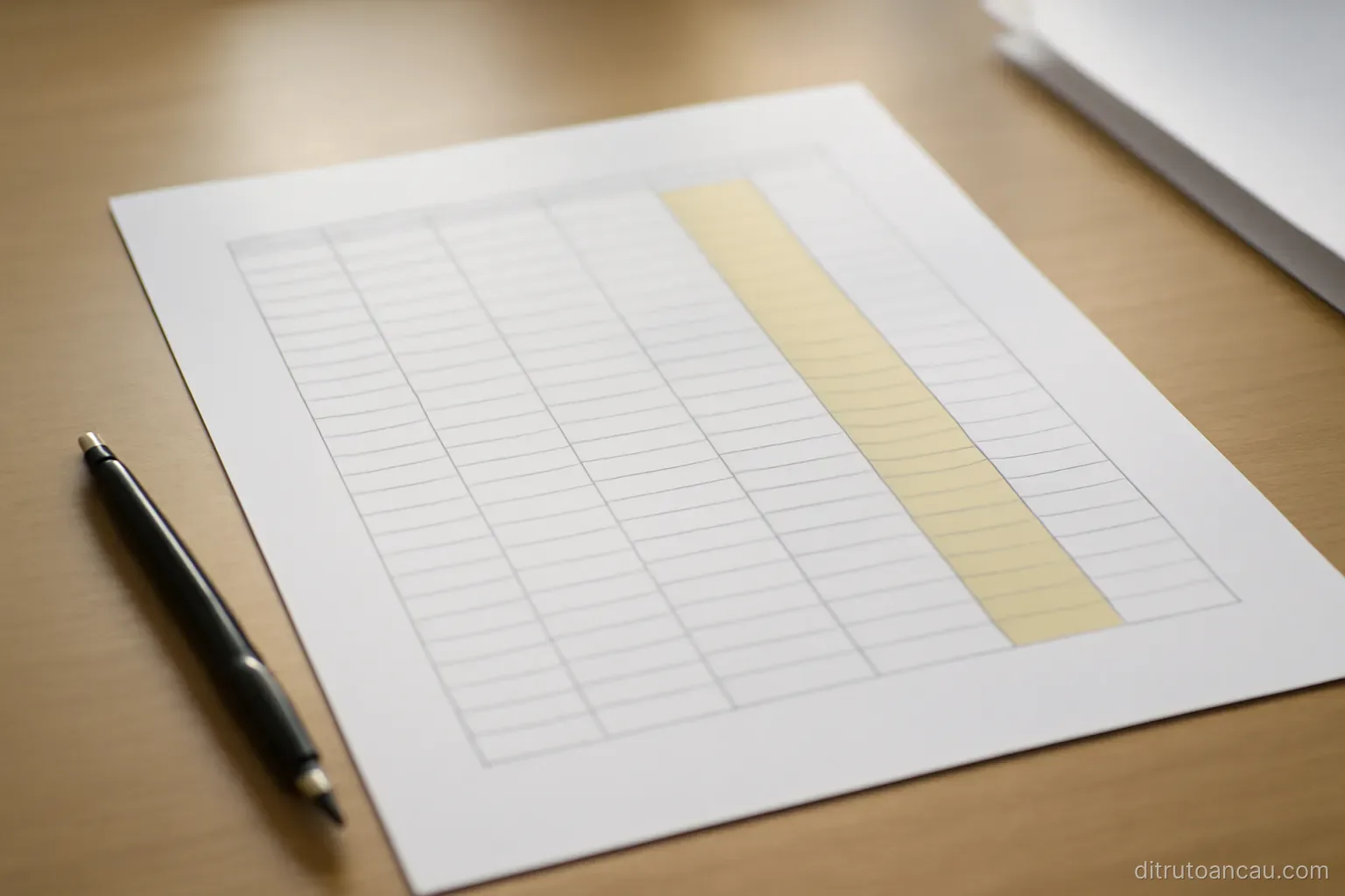 a printed data table on a desk with one column highlighted and several rows left blank