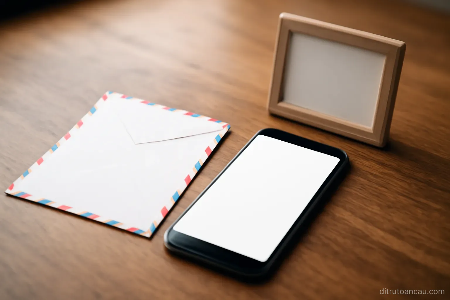 an airmail envelope and a smartphone lying together on a wooden table beside a small photo frame