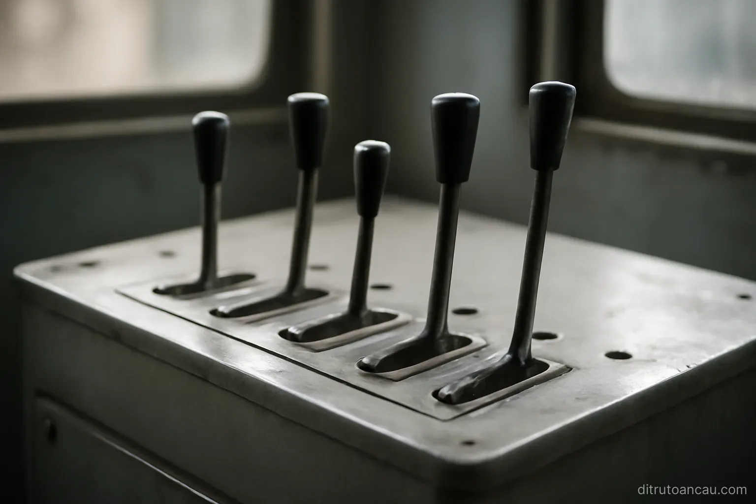 a control panel with six levers of different lengths mounted on a plain metal housing