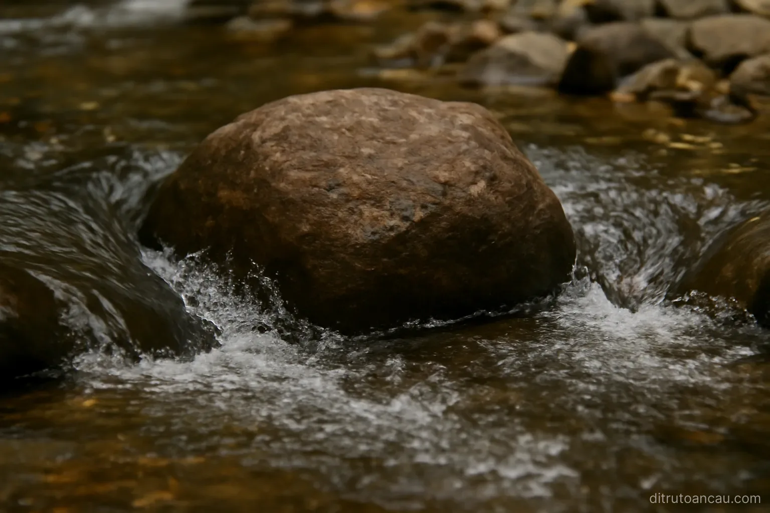 water flowing around a large stone in a shallow stream, splitting into two channels either side