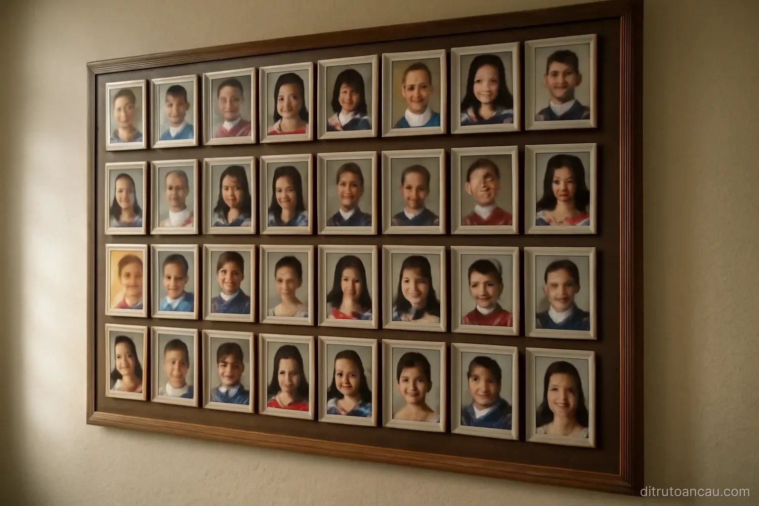 a school photograph board on a wall showing many small framed portraits of different children
