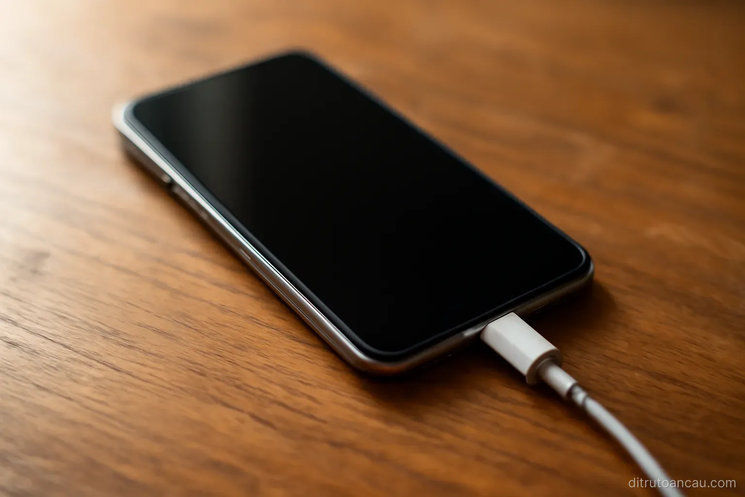a mobile phone lying face up on a wooden table with the screen dark and a charging cable attached