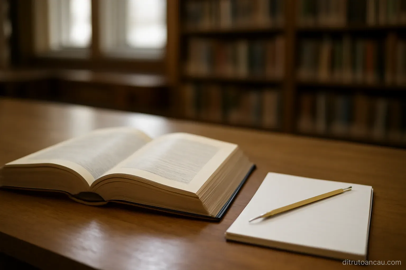 a library reading desk with an open reference volume and a notepad with a pencil beside it