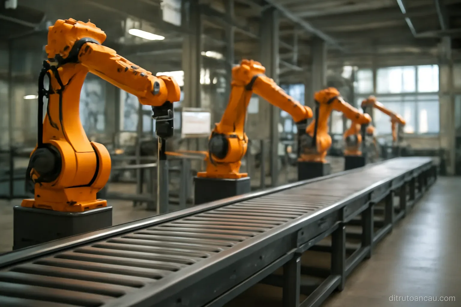 a factory floor with robotic arms stationary above a conveyor belt and no workers present